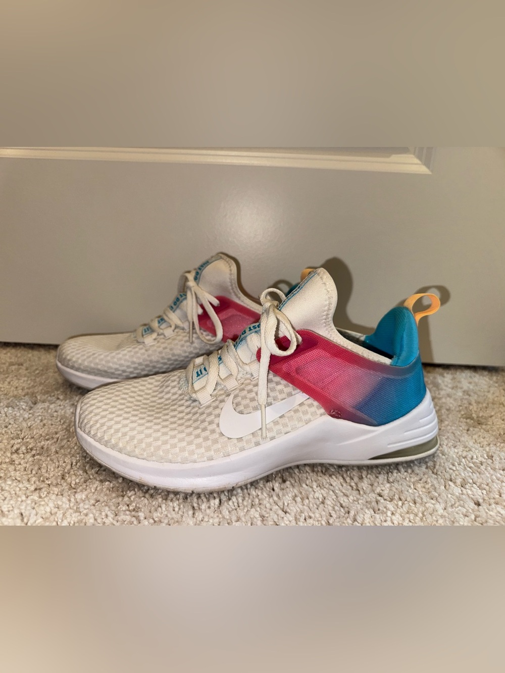 Nike Women’s White Sneakers with Pink-to-Blue Gradient Heel